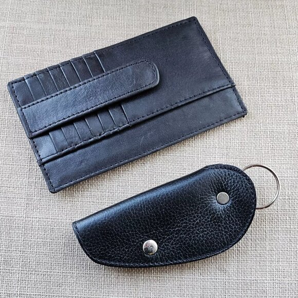 Long Wallet and Keychain Black Genuine Leather Card Holder Keys Holder Fob - Picture 1 of 11